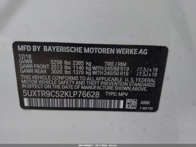 2019 Bmw X3 Xdrive30i მანქანა იყიდება აუქციონზე, vin: 5UXTR9C52KLP76628, აუქციონის ნომერი: 45080877