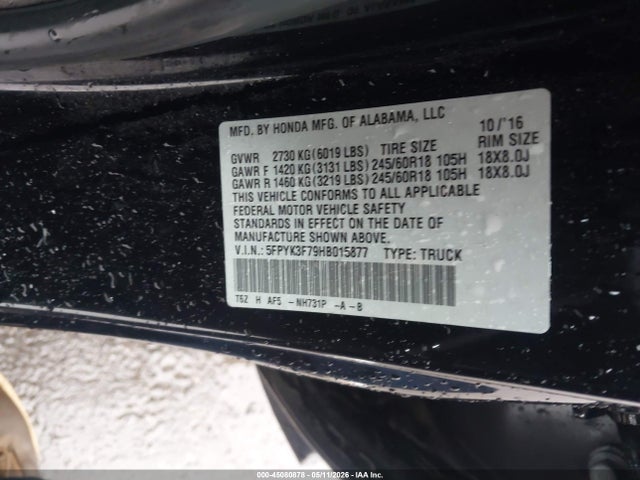 45080878 :رقم المزاد ، 5FPYK3F79HB015877 vin ، 2017 Honda Ridgeline Rtl-e مزاد بيع