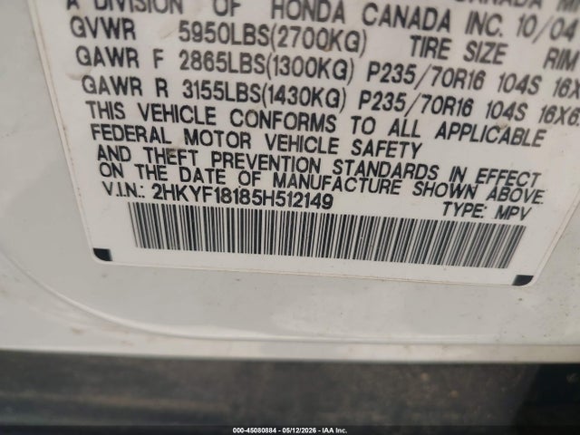 Продажа на аукционе авто 2005 Honda Pilot Lx, vin: 2HKYF18185H512149, номер лота: 45080884