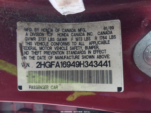 Продаж на аукціоні авто 2009 Honda Civic Ex-l, vin: 2HGFA16949H343441, номер лоту: 45080896