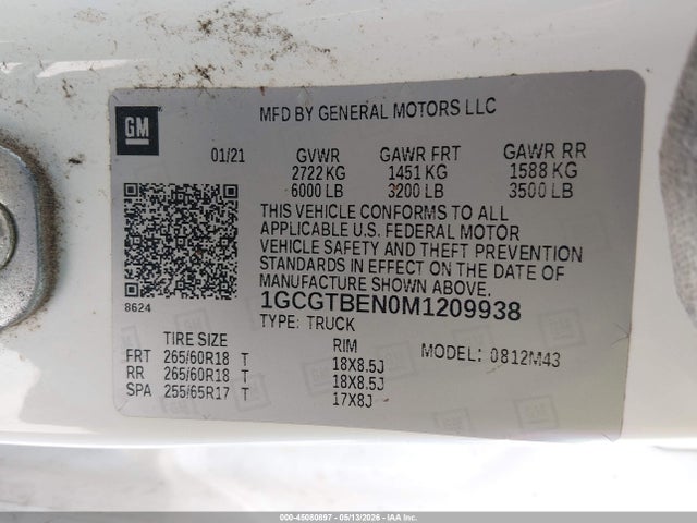 Aukcja sprzedaży 2021 Chevrolet Colorado 4wd  Short Box Wt, vin: 1GCGTBEN0M1209938, numer aukcji: 45080897