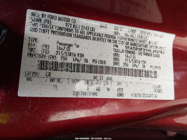 2017 Ford Focus Se მანქანა იყიდება აუქციონზე, vin: 1FADP3F21HL262083, აუქციონის ნომერი: 45080898