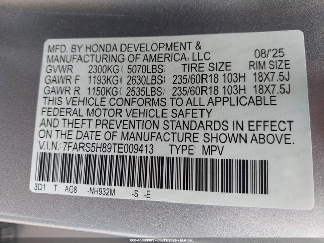 Aukcja sprzedaży 2026 Honda Cr-v Hybrid 2wd Sport-l, vin: 7FARS5H89TE009413, numer aukcji: 45080901