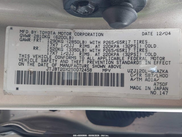 45080906 :رقم المزاد ، JTJBT20X250072458 vin ، 2005 Lexus Gx 470 مزاد بيع