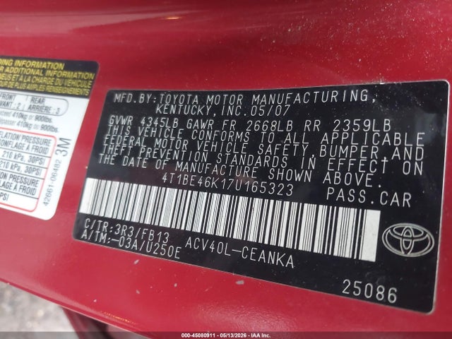 45080911 :رقم المزاد ، 4T1BE46K17U165323 vin ، 2007 Toyota Camry Le مزاد بيع