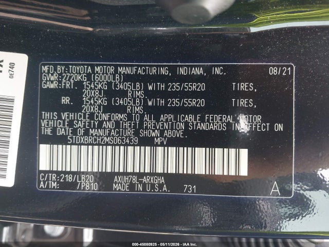 Продажа на аукционе авто 2021 Toyota Highlander Hybrid Limited, vin: 5TDXBRCH2MS063439, номер лота: 45080925