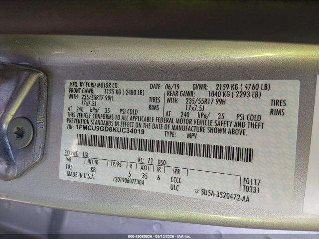 Ford ESCAPE SE 2019 1FMCU9GD8KUC34019 Image 9