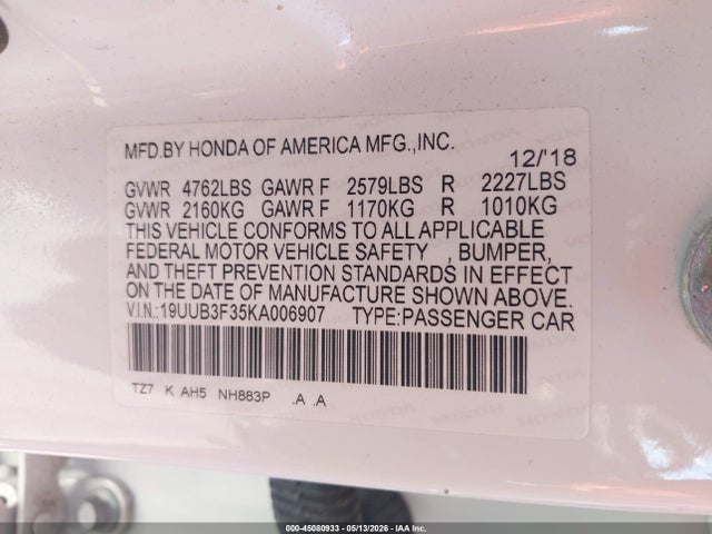 2019 Acura Tlx Standard მანქანა იყიდება აუქციონზე, vin: 19UUB3F35KA006907, აუქციონის ნომერი: 45080933
