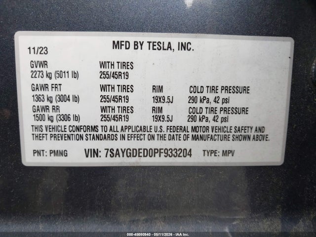 Продаж на аукціоні авто 2023 Tesla Model Y Rwd, vin: 7SAYGDED0PF933204, номер лоту: 45080940