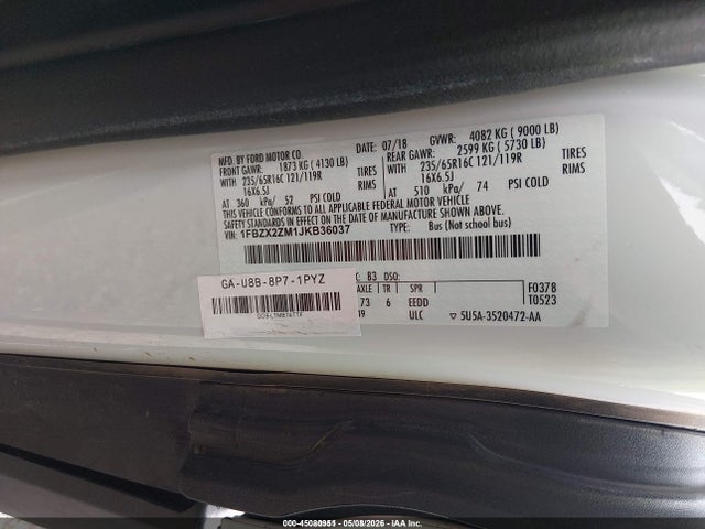 Продаж на аукціоні авто 2018 Ford Transit-350 Xl, vin: 1FBZX2ZM1JKB36037, номер лоту: 45080951