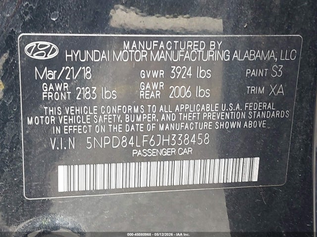 Aukcja sprzedaży 2018 Hyundai Elantra Value Edition, vin: 5NPD84LF6JH338458, numer aukcji: 45080968