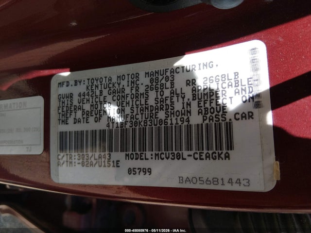 Продажа на аукционе авто 2003 Toyota Camry Le/xle/se, vin: 4T1BF30K83U061194, номер лота: 45080976