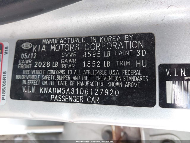 2013 Kia Rio Lx მანქანა იყიდება აუქციონზე, vin: KNADM5A31D6127920, აუქციონის ნომერი: 45080981