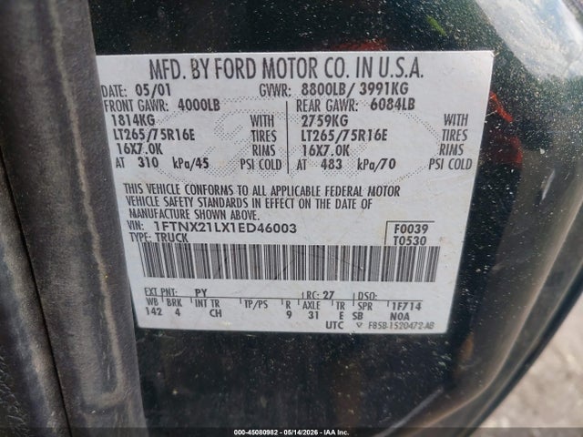 Aukcja sprzedaży 2001 Ford F-250, vin: 1FTNX21LX1ED46003, numer aukcji: 45080982