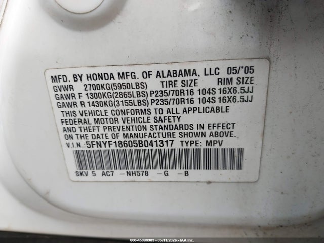 Aukcja sprzedaży 2005 Honda Pilot Ex-l, vin: 5FNYF18605B041317, numer aukcji: 45080983
