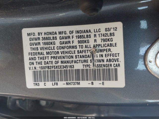 2012 Honda Civic Lx მანქანა იყიდება აუქციონზე, vin: 19XFB2F5XCE345163, აუქციონის ნომერი: 45080985