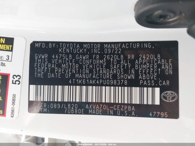 Продажа на аукционе авто 2023 Toyota Camry Xse, vin: 4T1K61AK4PU098378, номер лота: 45080991