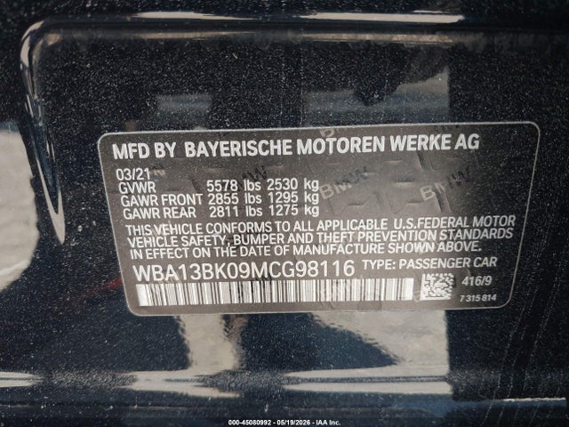 Aukcja sprzedaży 2021 Bmw M550i Xdrive, vin: WBA13BK09MCG98116, numer aukcji: 45080992