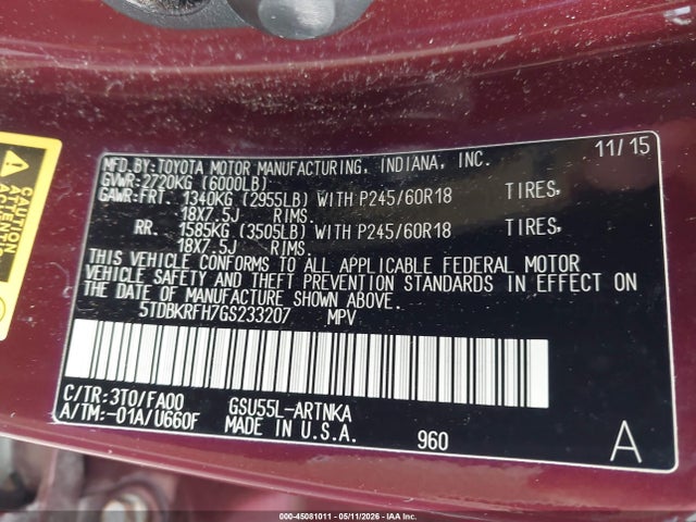Aukcja sprzedaży 2016 Toyota Highlander Le Plus V6, vin: 5TDBKRFH7GS233207, numer aukcji: 45081011