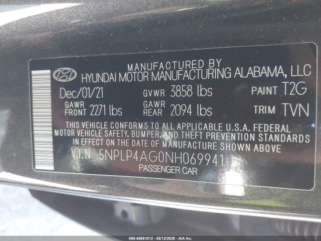 Aukcja sprzedaży 2022 Hyundai Elantra Limited, vin: 5NPLP4AG0NH069941, numer aukcji: 45081012