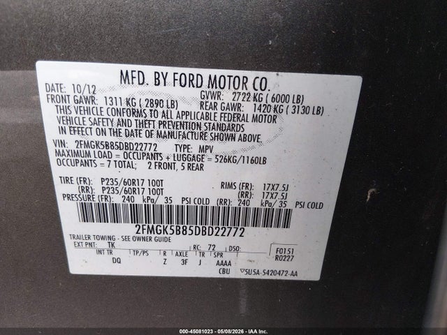 Aukcja sprzedaży 2013 Ford Flex Se, vin: 2FMGK5B85DBD22772, numer aukcji: 45081023