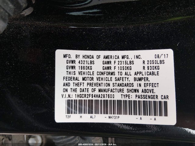 Aukcja sprzedaży 2017 Honda Accord Ex-l, vin: 1HGCR2F94HA287600, numer aukcji: 45081024