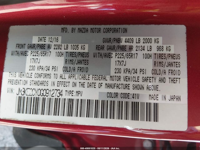 Продаж на аукціоні авто 2016 Mazda Cx-5 Touring, vin: JM3KE2CY0G0912734, номер лоту: 45081025