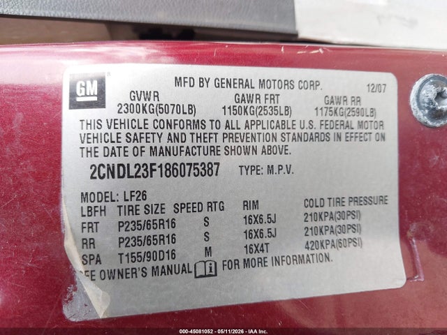 Продаж на аукціоні авто 2008 Chevrolet Equinox Ls, vin: 2CNDL23F186075387, номер лоту: 45081052