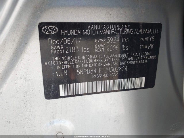 Aukcja sprzedaży 2018 Hyundai Elantra Value Edition, vin: 5NPD84LF1JH302824, numer aukcji: 45081060