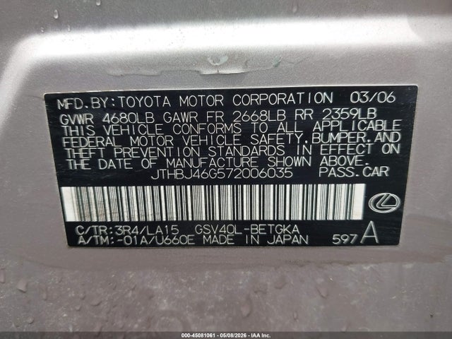 45081061 :رقم المزاد ، JTHBJ46G572006035 vin ، 2007 Lexus Es 350 مزاد بيع