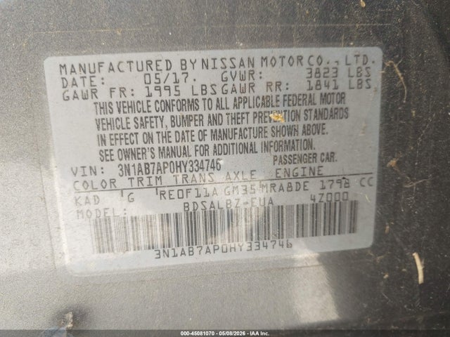 45081070 :رقم المزاد ، 3N1AB7AP0HY334746 vin ، 2017 Nissan Sentra S/sv/sr/sl مزاد بيع