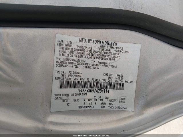 45081071 :رقم المزاد ، 1FAFP53U97A204114 vin ، 2007 Ford Taurus Se مزاد بيع