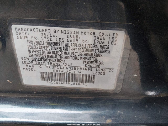 Продаж на аукціоні авто 2017 Nissan Versa 1.6 S+, vin: 3N1CN7AP1HL810211, номер лоту: 45081089