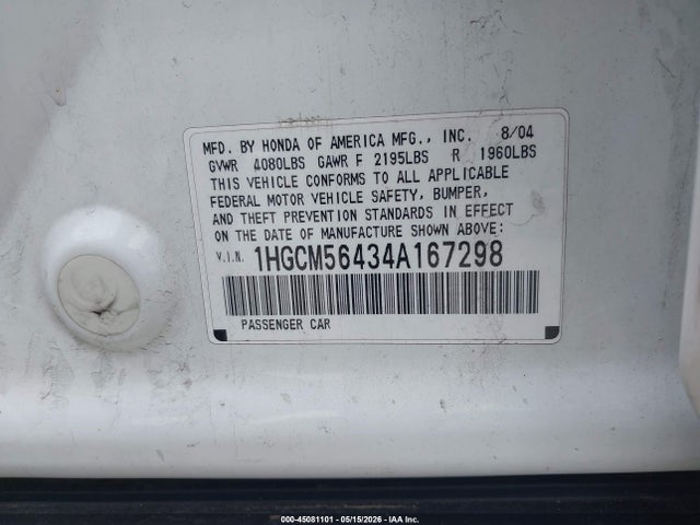 45081101 :رقم المزاد ، 1HGCM56434A167298 vin ، 2004 Honda Accord 2.4 Lx مزاد بيع