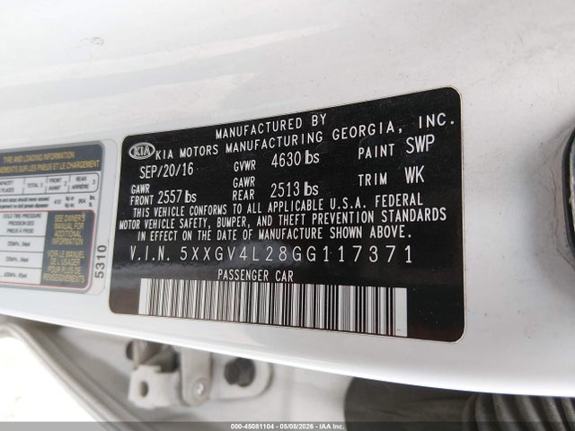 45081104 :رقم المزاد ، 5XXGV4L28GG117371 vin ، 2016 Kia Optima Sxl Turbo مزاد بيع