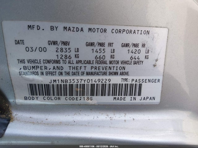 Продажа на аукционе авто 2000 Mazda Mx-5 Miata Ls/special Edition, vin: JM1NB3537Y0149229, номер лота: 45081106