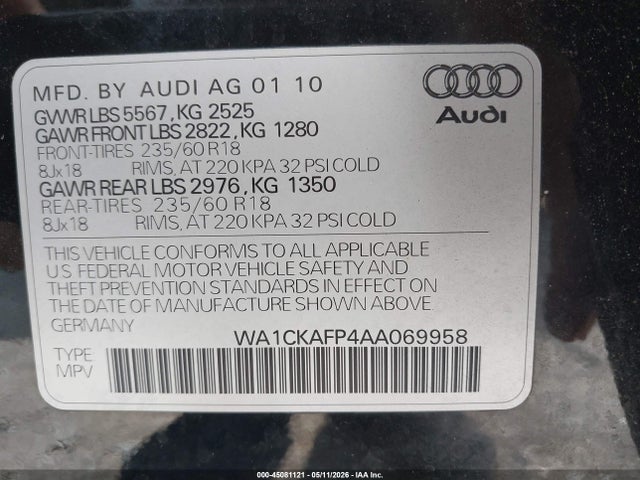 Продаж на аукціоні авто 2010 Audi Q5 3.2 Premium, vin: WA1CKAFP4AA069958, номер лоту: 45081121