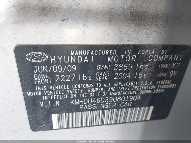 2009 Hyundai Elantra Gls მანქანა იყიდება აუქციონზე, vin: KMHDU46D39U801904, აუქციონის ნომერი: 45081133