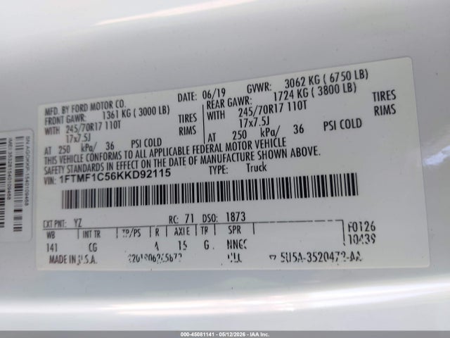 Aukcja sprzedaży 2019 Ford F-150 Xl, vin: 1FTMF1C56KKD92115, numer aukcji: 45081141