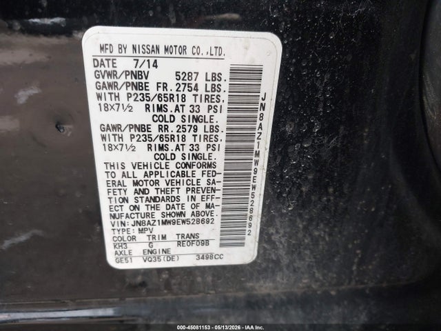Aukcja sprzedaży 2014 Nissan Murano S, vin: JN8AZ1MW9EW528692, numer aukcji: 45081153