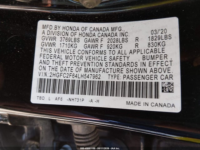Продажа на аукционе авто 2020 Honda Civic Lx, vin: 2HGFC2F64LH547962, номер лота: 45081159