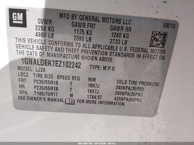 2014 Chevrolet Equinox Ltz მანქანა იყიდება აუქციონზე, vin: 1GNALDEK7EZ102242, აუქციონის ნომერი: 45081163