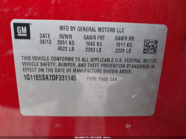 45081172 :رقم المزاد ، 1G11E5SA7DF331145 vin ، 2013 Chevrolet Malibu 2lt مزاد بيع