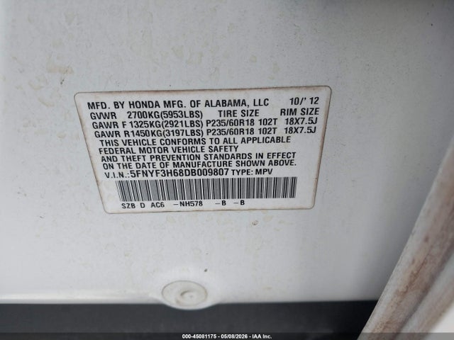 2013 Honda Pilot Ex-l მანქანა იყიდება აუქციონზე, vin: 5FNYF3H68DB009807, აუქციონის ნომერი: 45081175