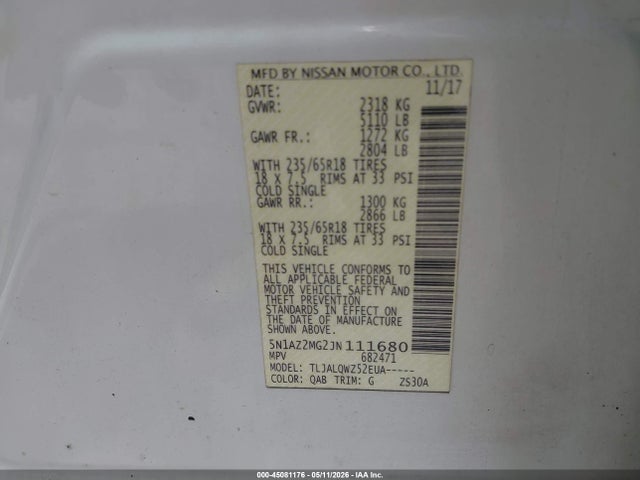 Auction sale of the 2018 Nissan Murano Sv, vin: 5N1AZ2MG2JN111680, lot number: 45081176
