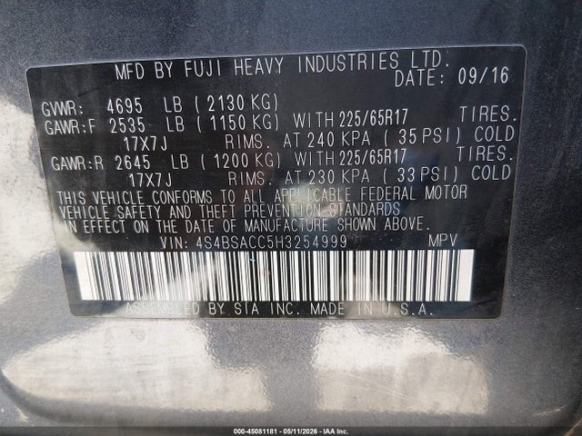 Aukcja sprzedaży 2017 Subaru Outback 2.5i Premium, vin: 4S4BSACC5H3254999, numer aukcji: 45081181