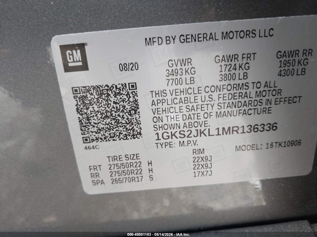 45081183 :رقم المزاد ، 1GKS2JKL1MR136336 vin ، 2021 Gmc Yukon Xl 4wd Denali مزاد بيع