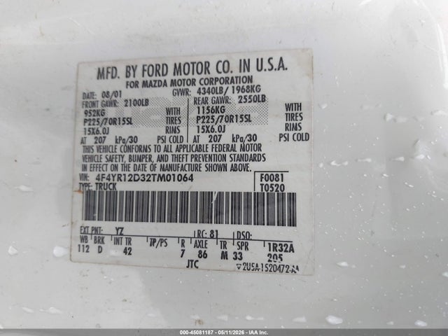 2002 Mazda B2300 მანქანა იყიდება აუქციონზე, vin: 4F4YR12D32TM01064, აუქციონის ნომერი: 45081187
