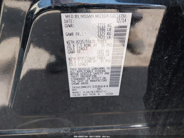 45081194 :رقم المزاد ، 5N1AL0MN1FC508644 vin ، 2015 Infiniti Qx60 مزاد بيع