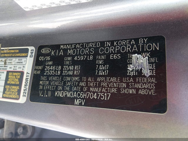 Aukcja sprzedaży 2017 Kia Sportage Lx, vin: KNDPM3AC6H7047517, numer aukcji: 45081203